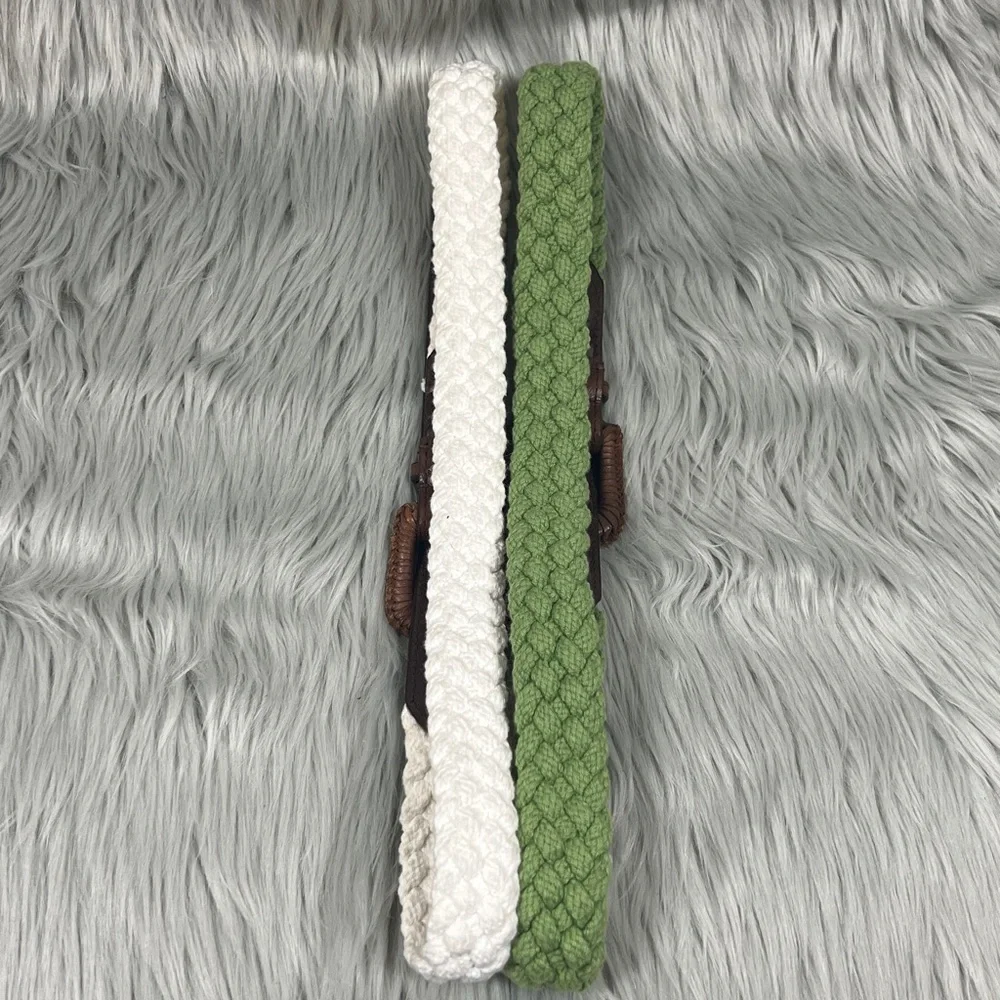 Boho Braided Green and White Brown Genuine Leather Buckle Belts Bundle of 2